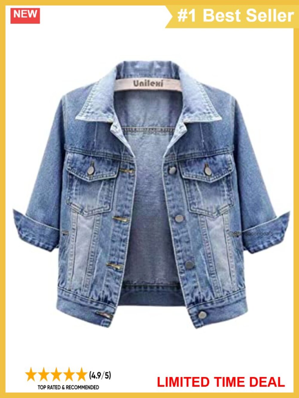 Unilexi Women's 3/4 Sleeve Cropped Denim Jacket Trucker Coat Buttoned Utility